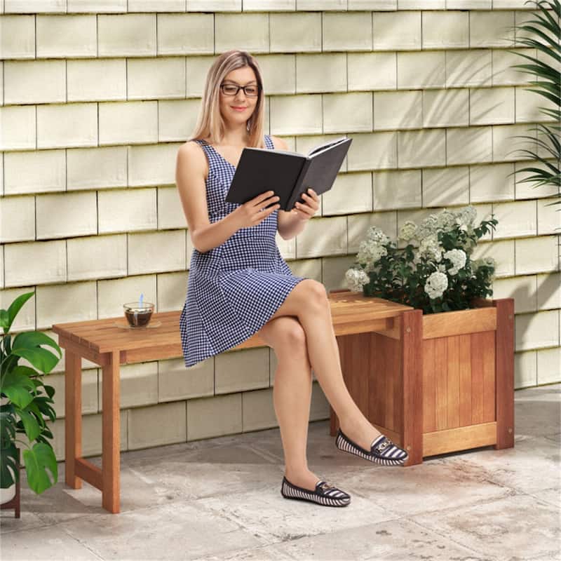 2 in 1 Solid Wood Garden Bench with Planter Box Outdoor Seating for Patio Yard and Deck - 54" L x 16" W x 18" H - Brown
