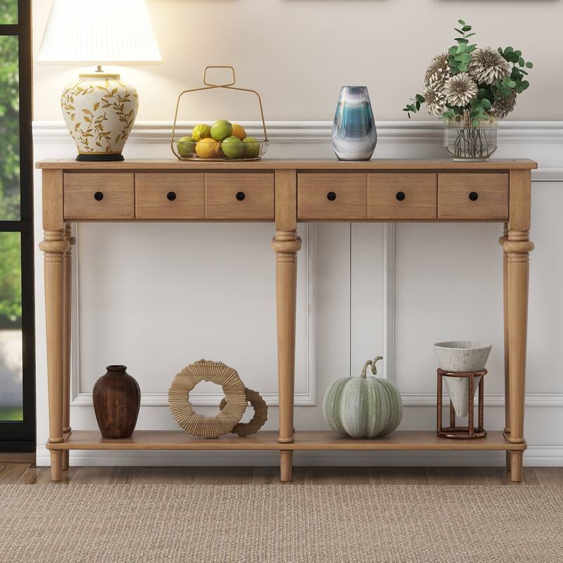 Versatile Hallway Table Old Pine Side Table with 4 Storage Drawers, Accent Table Sofa Table with Bottom Open Shelf