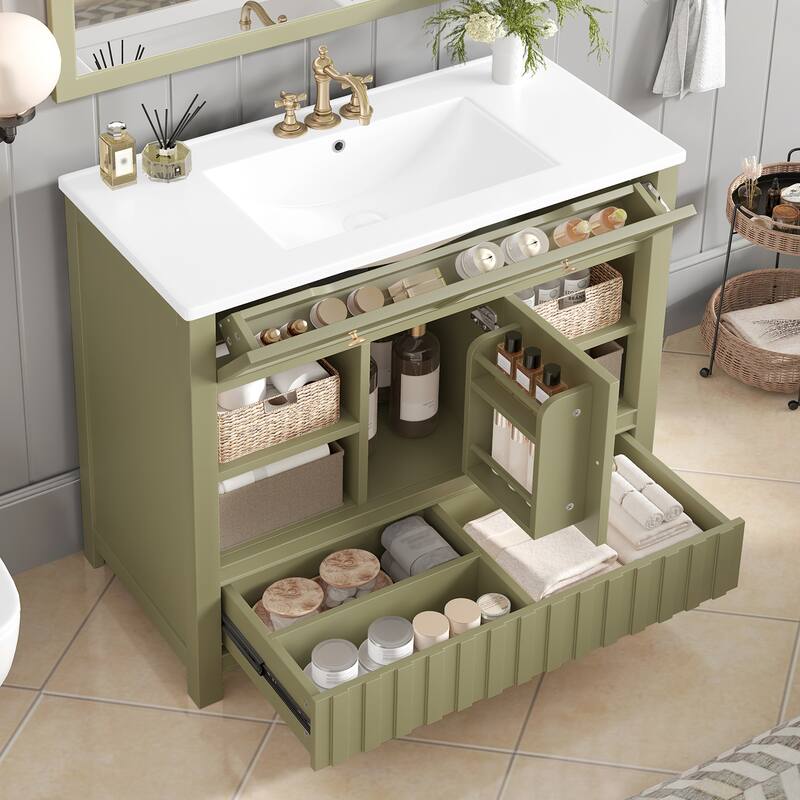 36" Bathroom vanity with sink, multi-functional bathroom cabinet with doors and storage shelves, featuring drawers