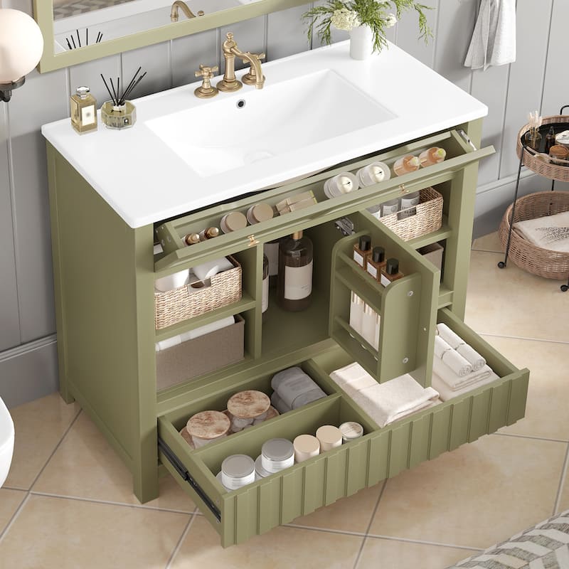 Roomfitters 36 Inch Bathroom Vanity with Sink, Solid Wood Cabinet with Side Shelves and Drawer