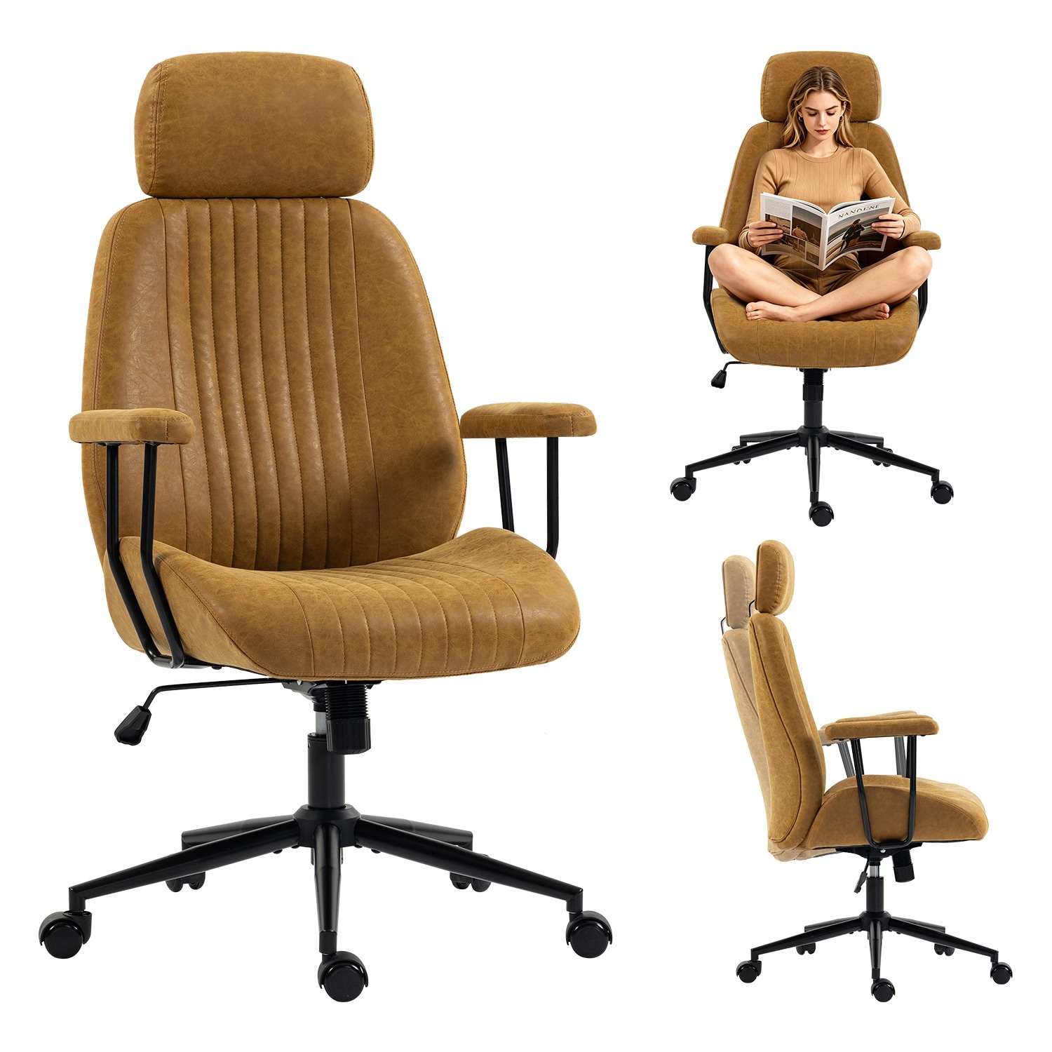 Ergonomic Executive Office Chair, High Back Faux Leather Desk Chair with Headrest and Swivel for Home Office - N/A