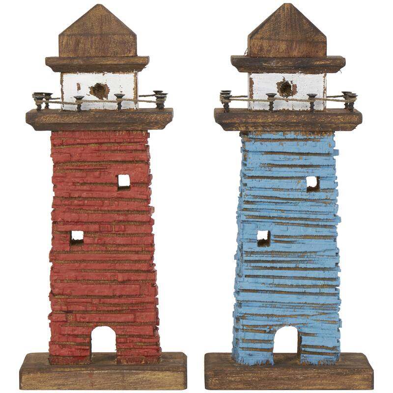 Wood Light House Distressed Decorative Sculpture with Blue and Brown Accents - Set of 2 Red - Roche River Decor