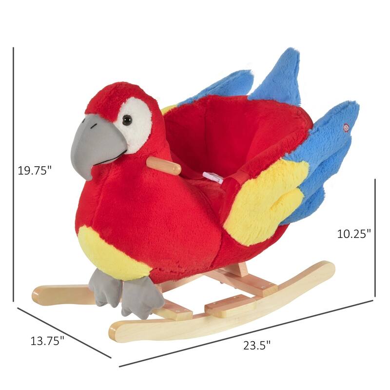 Red Plush Kids Rocking Parrot Horse with Comfortable Seat and Wooden Base Music Feature - 23.5" L x 13.75" W x 19.75" H