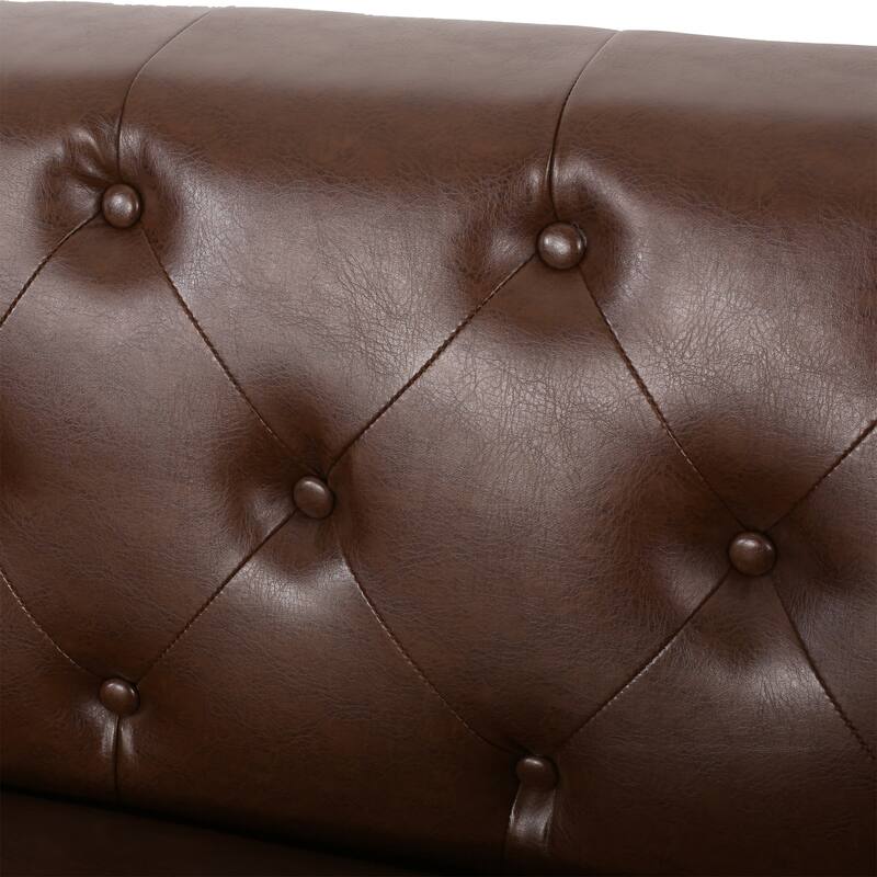 Dark Brown 90" Faux Leather Button Tufted 3-seater Sofa with Birch Wood Legs for Living Room