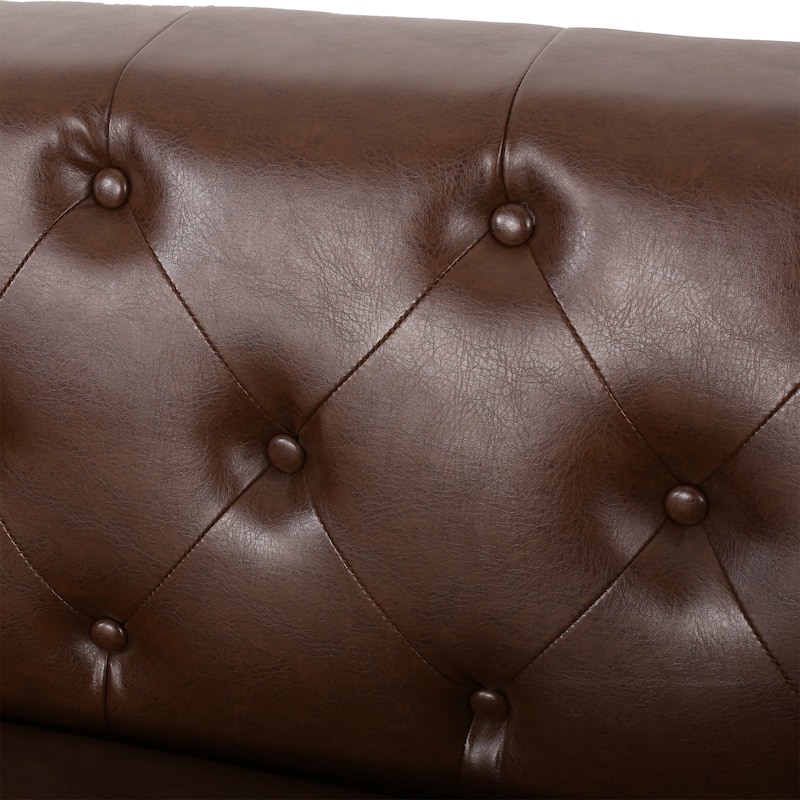 Dark Brown Faux Leather Button Tufted 3-seater Sofa with Birch Wood Legs