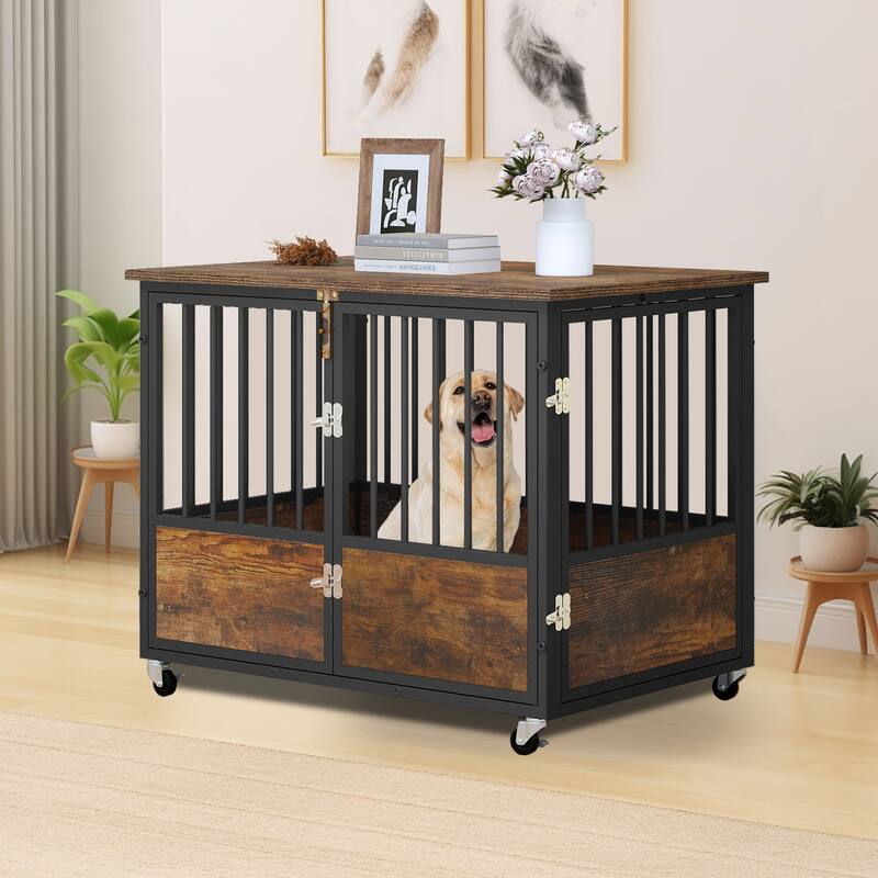 38"/43" Dog Crate Furniture Cage Table with Wheels And Double Doors