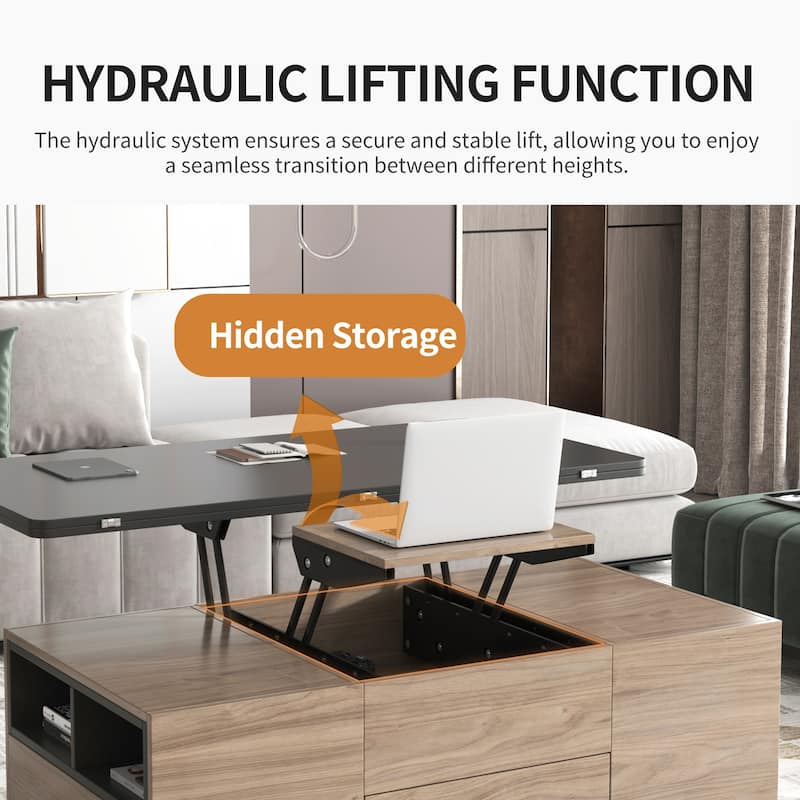 Modern Lift Top Coffee Table with 3 Drawers and Lockable Universal Wheels