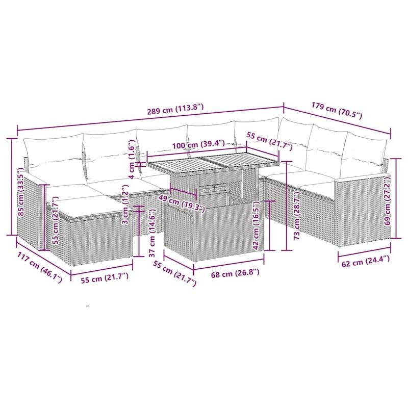 vidaXL Garden Sofa Set Black PE rattan 9 Piece Set Modular - 39.4 x 21.7 x 28.7 in