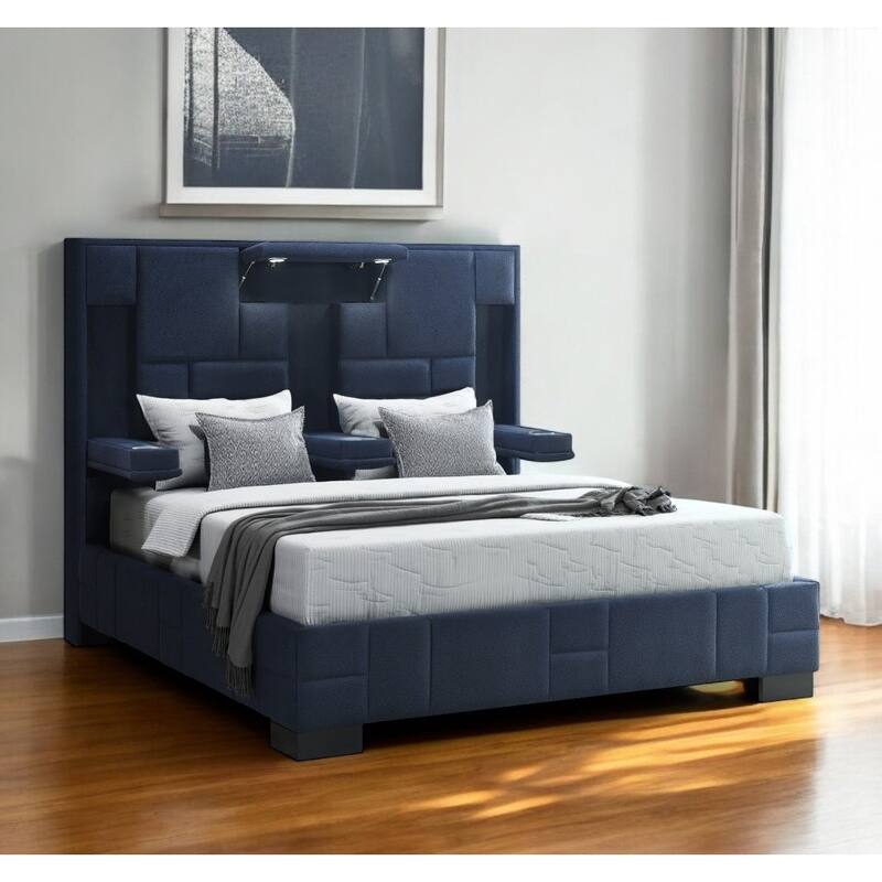 HomeRoots Navy Blue And Upholstered Lighted Queen Bed Frame with USB - Queen