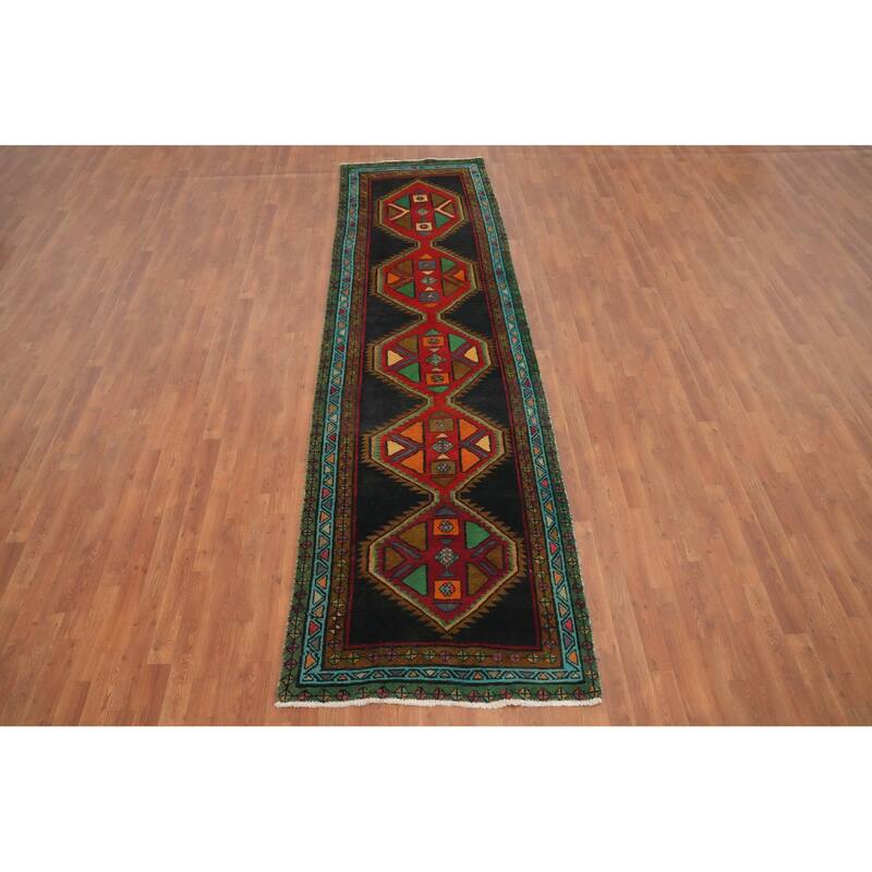 Hand Knotted Oriental 100% Wool Carpet Traditional Geometric Greys & Charcoal Ardebil Runner Rug - 12' 2'' X 3' 4''