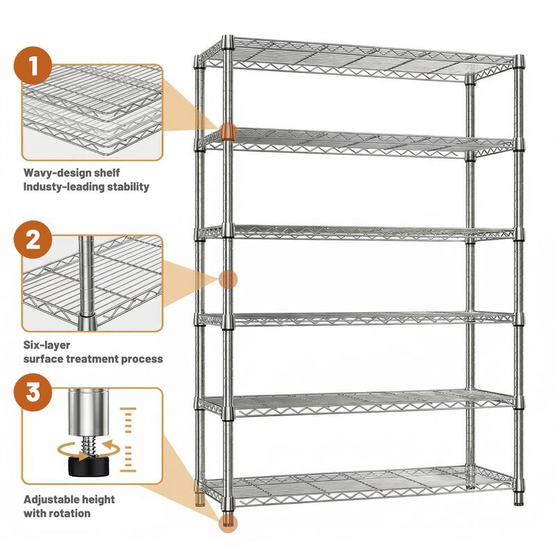 6 Tiers Storage Shelves Load 2100LBS, Metal Shelving Wire Metal Shelving Unit Shelves for Storage Adjustable Garage Shelving