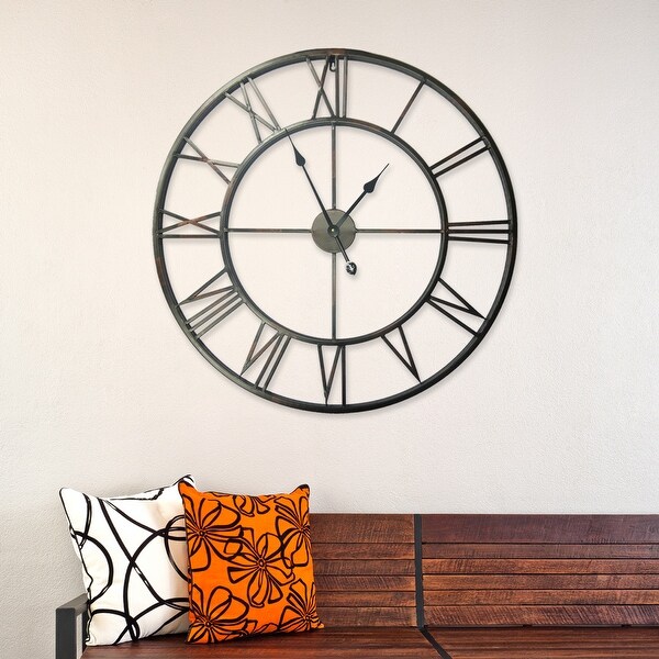 Walplus Large Roman Black Silver Iron Wall Clock 30" Diameter Decor. Opens flyout.