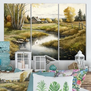 Designart "Small River To The Barn" Farmhouse / Country Canvas Wall Art ...