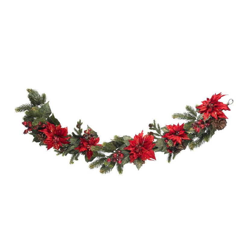 Holiday Garland 60 Inch, Festive Greenery with Red Leaves & Berries, Christmas Decor for Home