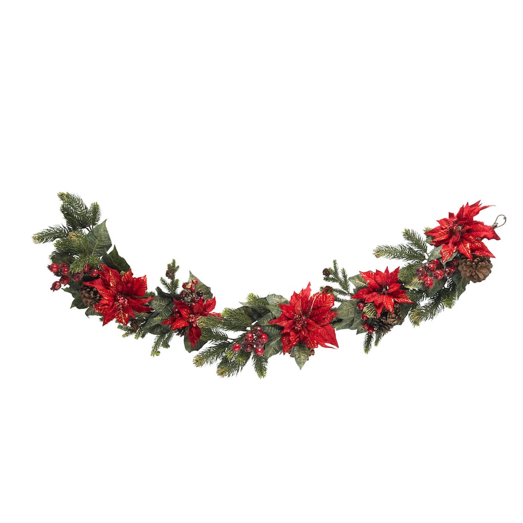 Holiday Garland 60 Inch, Festive Greenery with Red Leaves & Berries, Christmas Decor for Home