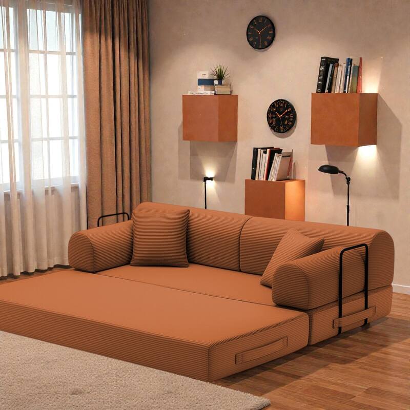 Convertible Sleeper Sofa Bed, 4-in-1 Corduroy Folding Floor Couch with Cylindrical Pillow, 2-Seat Space-Saving Lounge Sofa