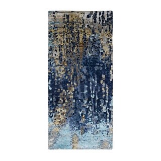 Shahbanu Rugs Denim Blue Hand Knotted Mosaic Design with Mix of Gold ...