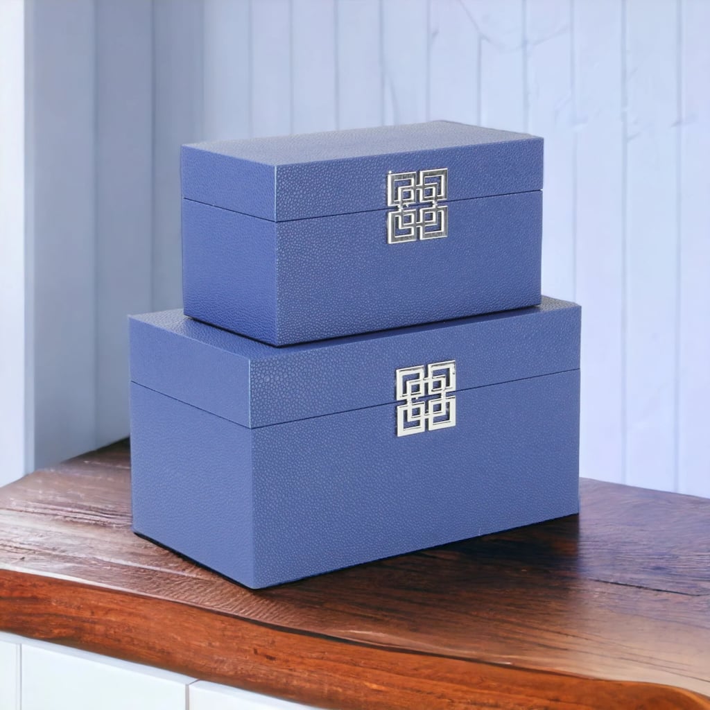 Handcrafted Rectangular Wooden Storage Boxes- 11.75" - Blue - Set of 2