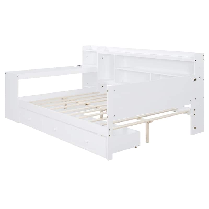 Full Size Wooden Daybed with Drawers, USB Ports, and Desk