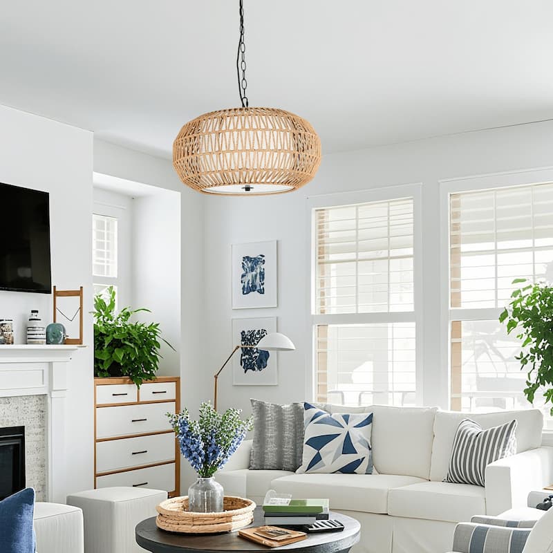 4-Light Bohemian Rattan Woven Dimmable Chandelier - Natural