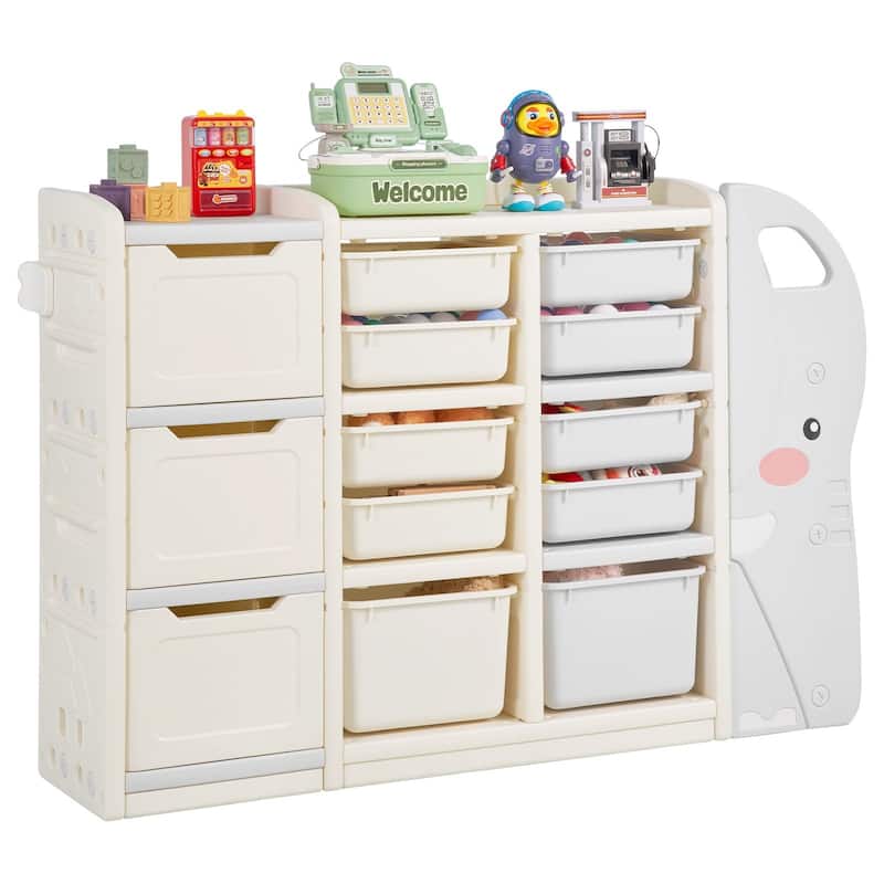 4-Tier Beige HDPE Kids Toy Organizer Bins with Bookshelf Storage and Book Rack for Playroom or Nursery - 53.7 x 12.6 x 38.2 in
