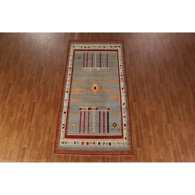 Hand Knotted Oriental 100% Wool Carpet Modern Geometric Greys & Charcoal Gabbeh Area Rug - 10' 0'' X 4' 11''