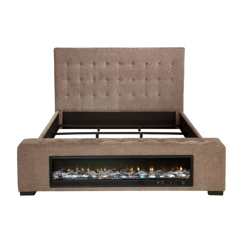 Upholstered Queen Audio Flame Visualizer Bed with Tufted Headboard in Brown