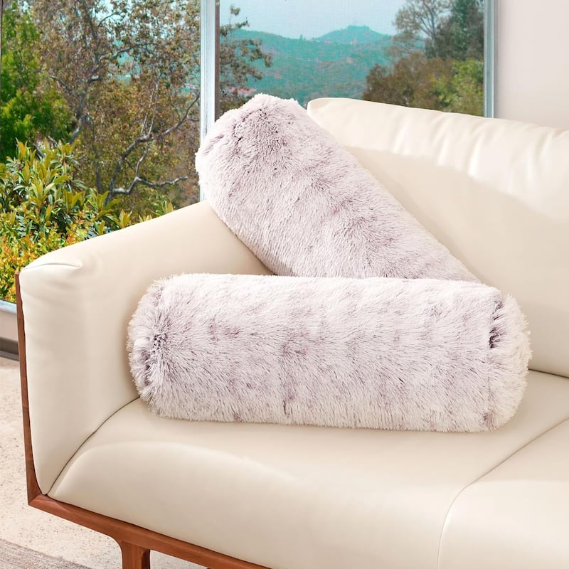 Cheer Collection 8" x 24" Set of 2 Shaggy Long Hair Bolster Pillows - Purple