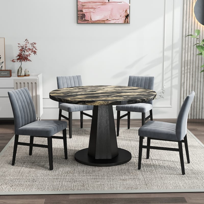 Roundhill Furniture Cavira 5-Piece Round Modern Dining Set - Black and Gold Table + 4 Gray Chairs