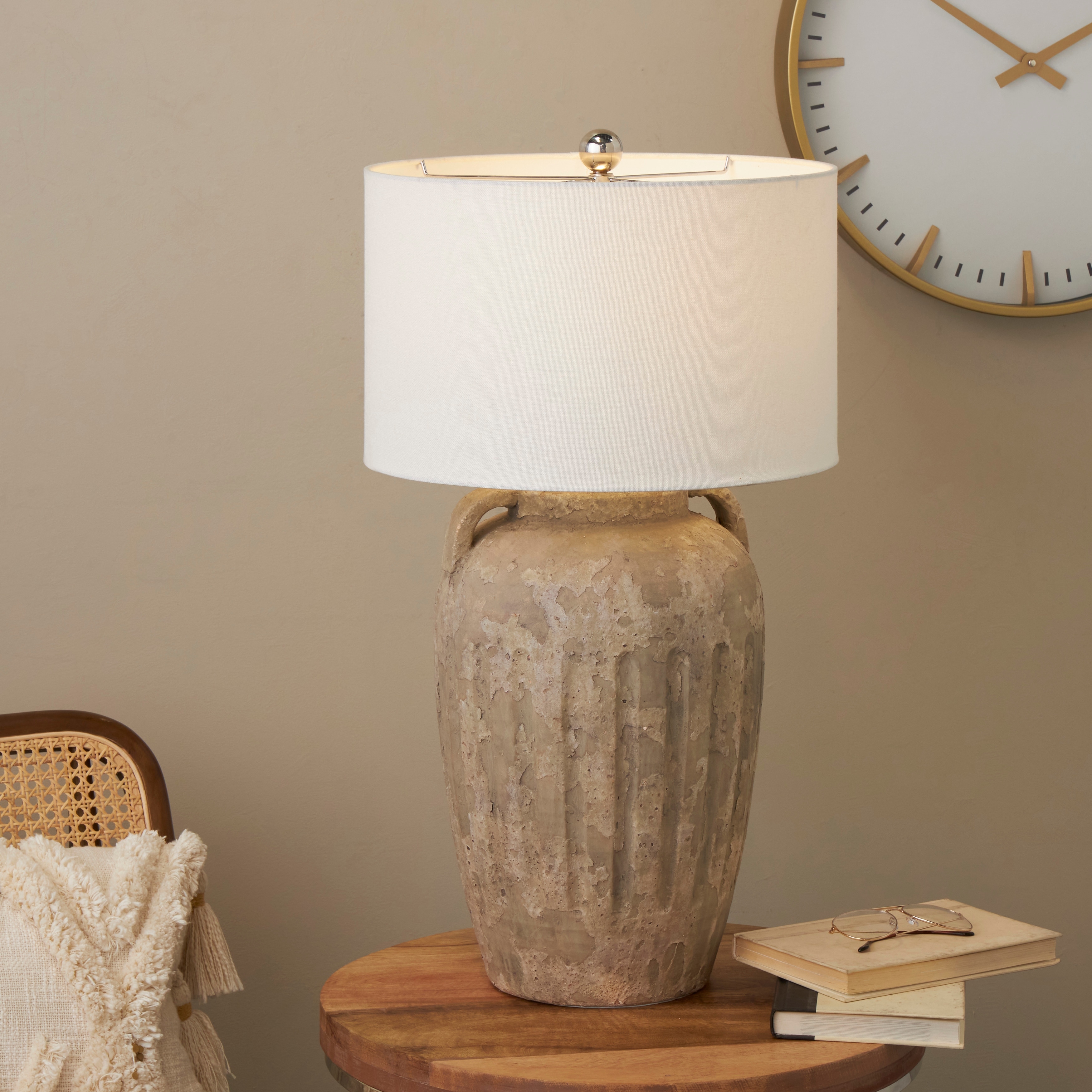 Copper, Black or Cream Ceramic Distressed Antique Style Pot Vase Table Lamp with Cream Linen Shade and Textured Grooves