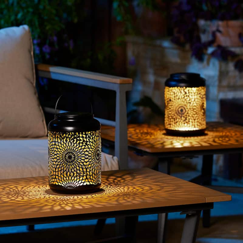 Glitzhome 8.75"H Outdoor Waterproof Metal Solar Hanging Lantern with Flower Leaves Decor