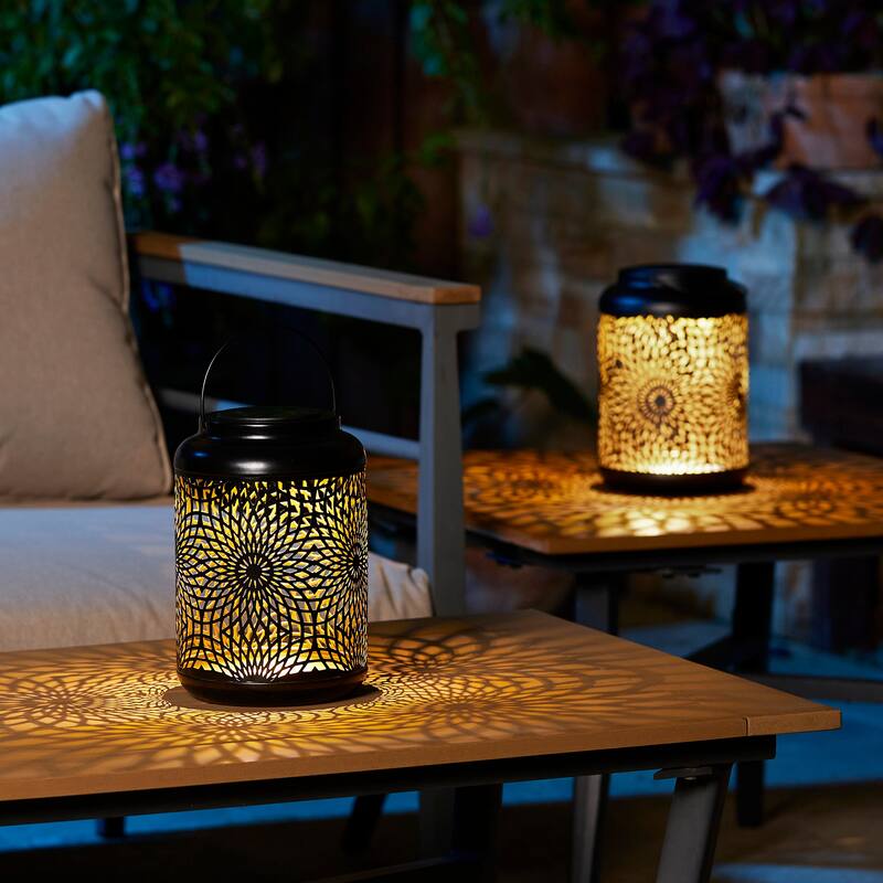 Glitzhome Set of 2 Metal Cutout Solar LED Outdoor Waterproof Hanging Lanterns