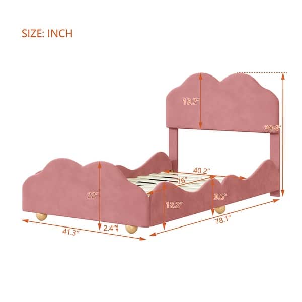 dimension image slide 1 of 3, Twin Size Velvet Upholstered Platform Bed, Cloud Shape Headboard,Footboard, Side board