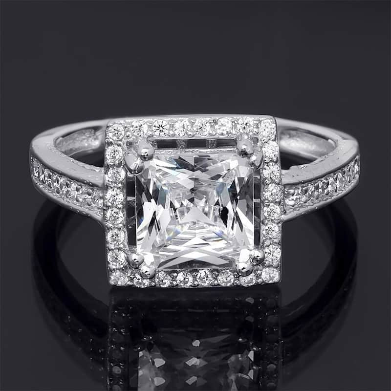 Sterling Silver 2.50 Carat Bridal Engagement Ring Princess Cut Halo