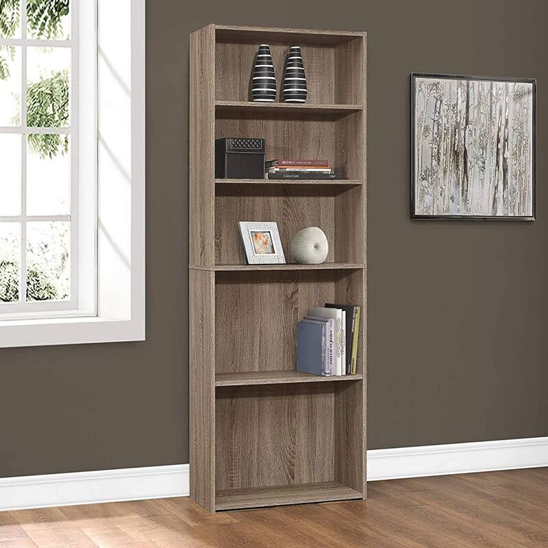 Wood Adjustable 5-Tier Bookcase with Veneer Finish for Office Storage - 11.75” D x 24.75” W x 71.25” H
