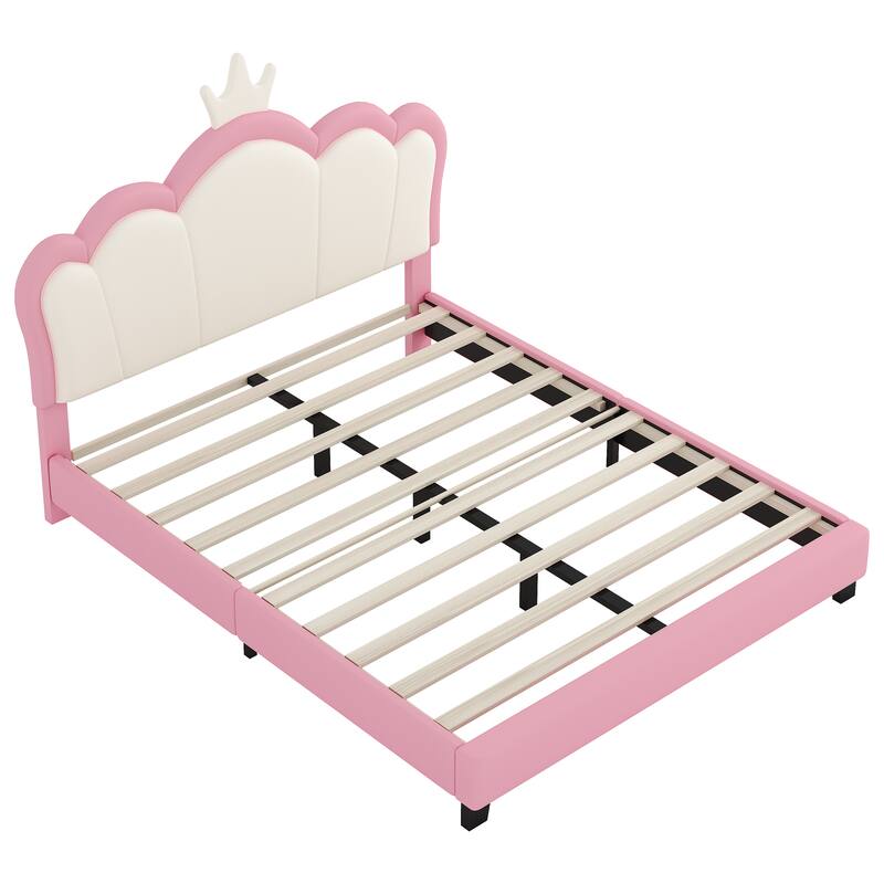 Full Size Upholstered Princess Bed with Crown Headboard and Footboard in Cream and Pink