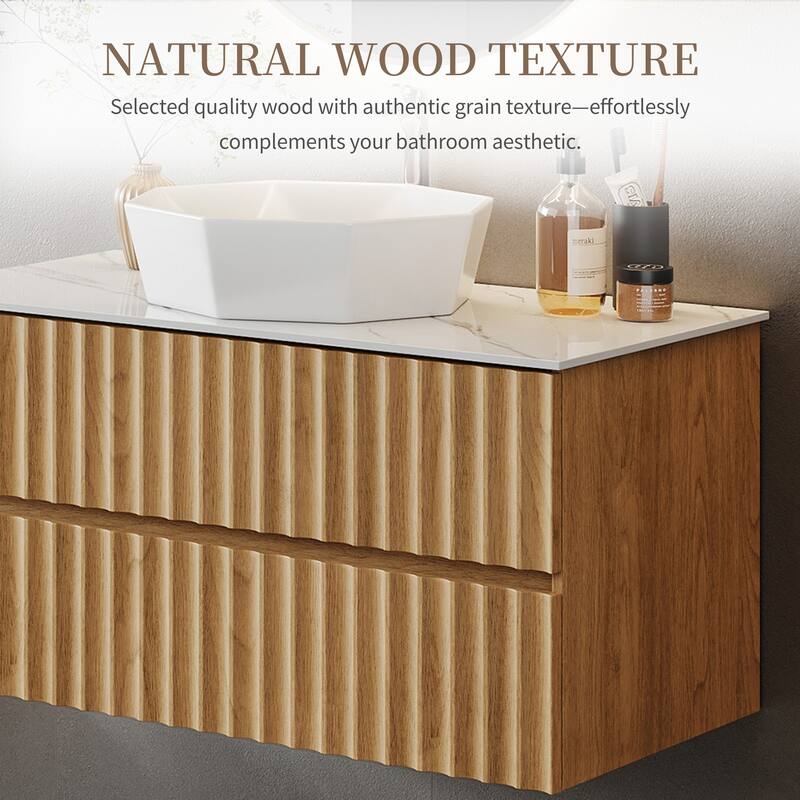 35.43" Floading Single Bathroom Vanities, With 2 Drawers, Glossy Sintered Stone Top, Light Wood
