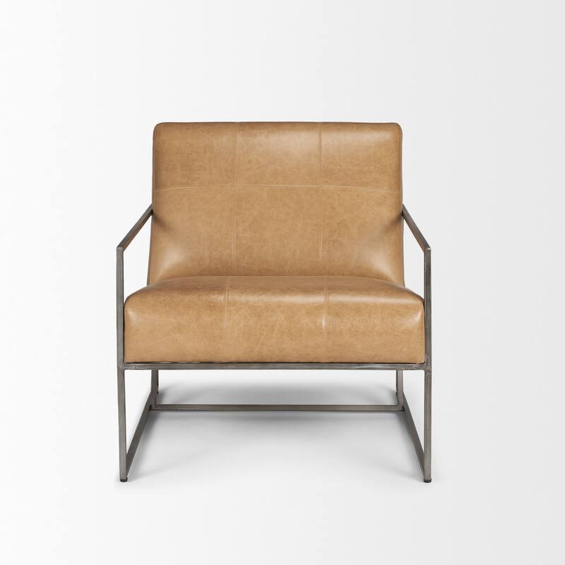 Stratton Gunmetal w/ Genuine Aged Black / Brown Leather Upholstered Accent Chair -  27.3L x 36.5W x 29.5H