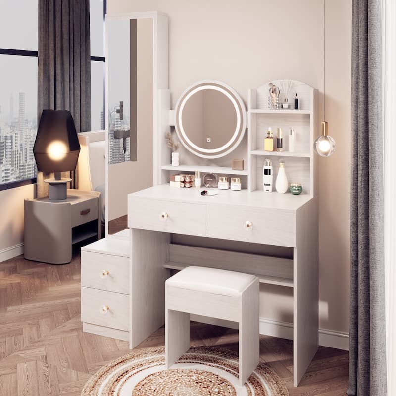 Adjustable LED Makeup Vanity with Round Mirror and Cushioned Stool
