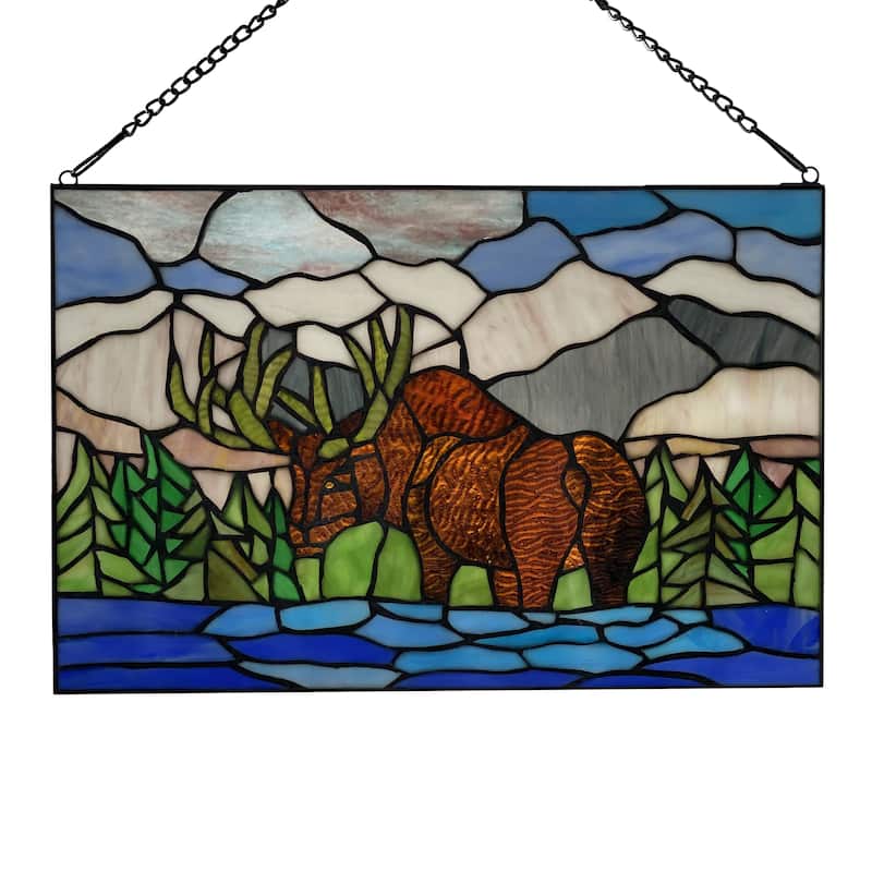 River of Goods Mountainscape Moose River of Goods Brown, Blue and Green Stained Glass Window Panel - 18.25" x 0.25" x 12" - Multi