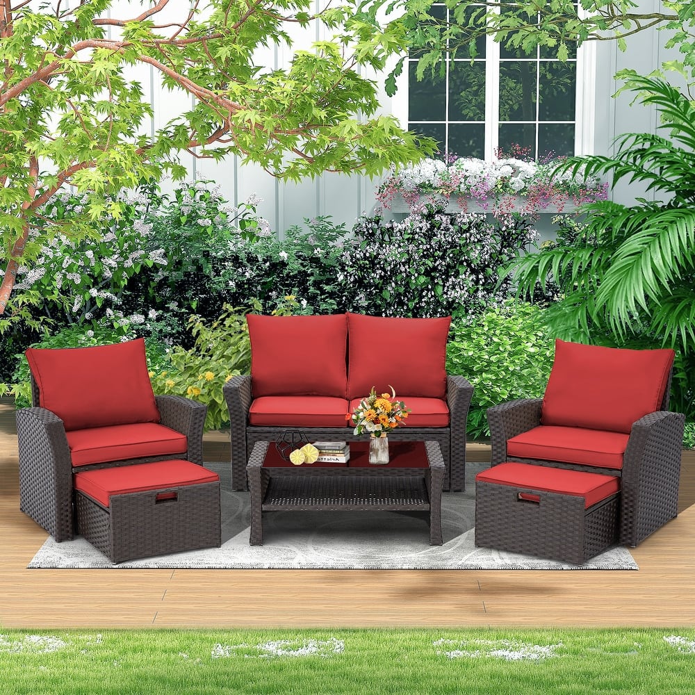 6-Piece Outdoor Sectional Sofa Set, PE Wicker Patio Furniture with Storage Coffee Table & Ottoman, Cushions, for Garden
