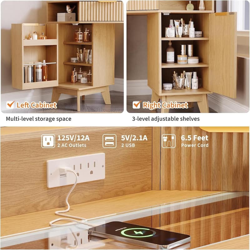 48 inch Fluted Corner Vanity Desk with Lights and Triple Mirror