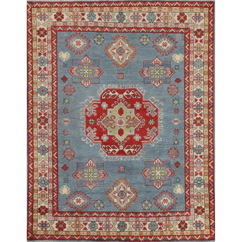 Blue Geometric Kazak Oriental Area Rug Handmade Floral Wool Carpet - 5'2" x 6'3"