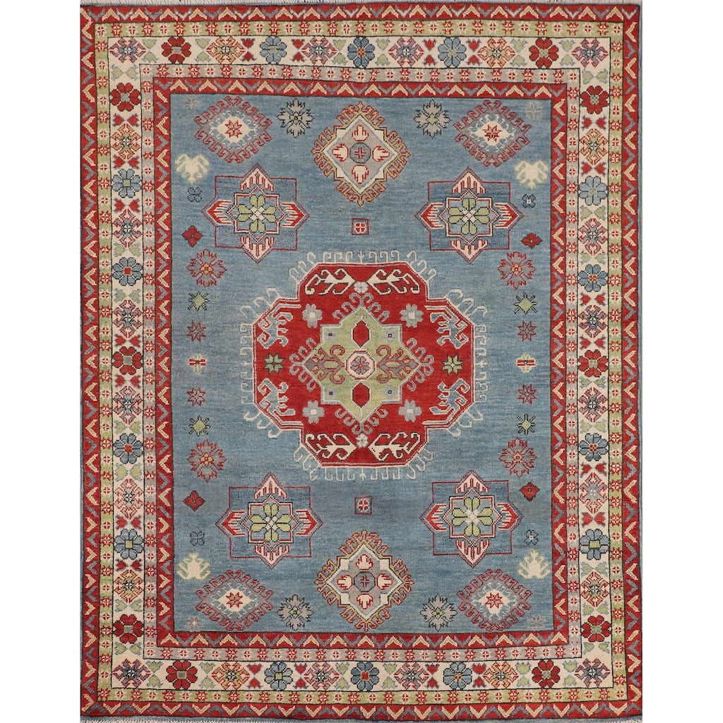 Blue Geometric Kazak Oriental Area Rug Handmade Floral Wool Carpet - 5'2" x 6'3"