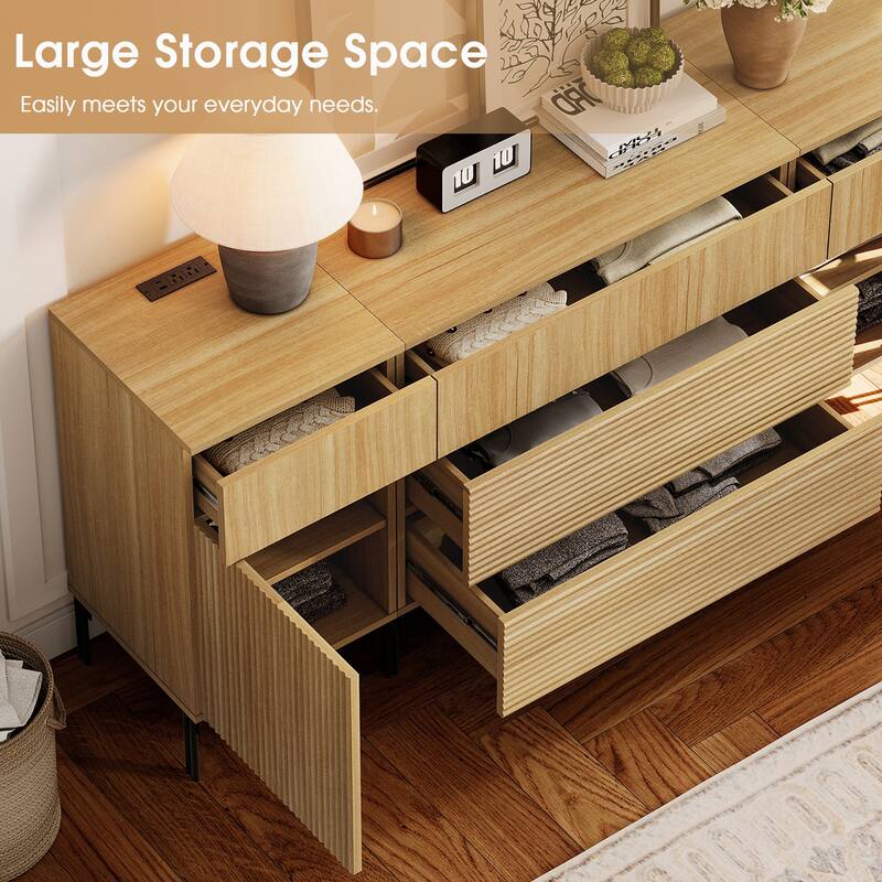 94.5" Long Modern Reeded Dresser TV Stand With Drawers, Entertainment Center With Charging Station