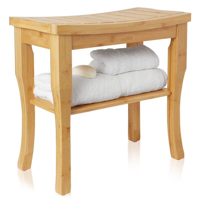 Bamboo Shower Bench w Storage Shelf 2Tier Bathroom Spa Stool Seat - Medium