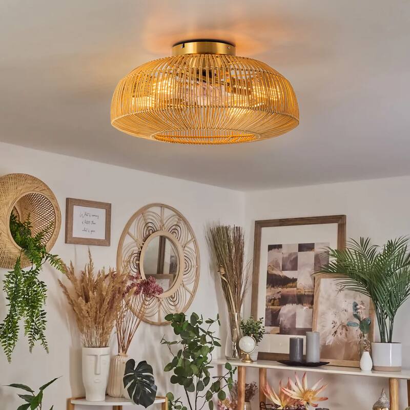 20 in. 4-Light Farmhouse Rustic Handwoven 7-Blade Rattan Cage Semi-Flush Mount Ceiling Fan with Remote - 19.6 in. W x 9.8 in. H