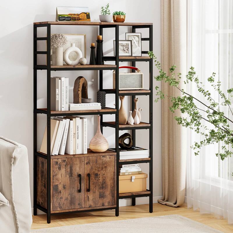 8-Tier Bookshelf 55.5" Tall Open Bookshelf w/ 2-Door Cabinet