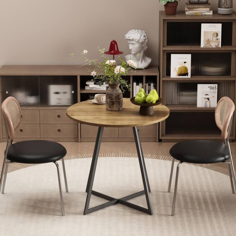 Anmytek Round Dining Table Modern Wood Top and Metal Frame Brown Industrial Kitchen Table