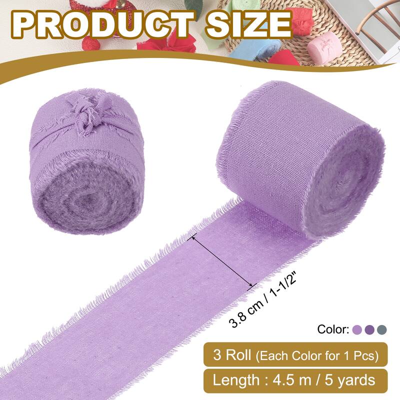 1-1/2"x15 Yd Handmade Fringe Cotton Ribbon Frayed Ribbons 3 Roll - 5Yd - Lavender/Purple/Dark Purple